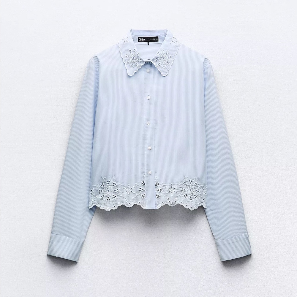 Zara Pale Blue Eyelet Collar & Hem Button-Up Shirt
